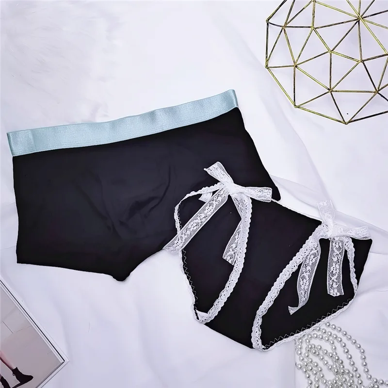 2pcs Couple Panties Sexy Lace Cotton Lovers Underwear Men Boxers Short Women Bowknot Briefs Breathable Shorts Underpants