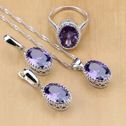 925 Sterling Silver Jewelry Purple Zircon White Crystal Jewelry Sets For Women Earring/Pendant/Necklace/Ring