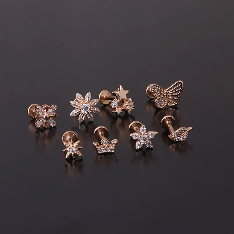 1PC 16G Flower Crown Butterfly Star Ear Piercing Cz Cartilage Helix Daith Conch Rook Tragus Stud Labret Back Piercing Jewelry