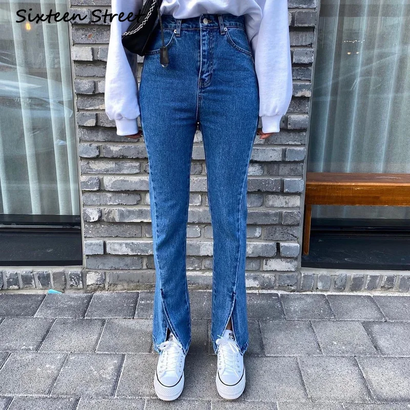 

Denim Jeans Femme Fashionable Retro High Waisted Pants Women Y2k Aesthetic Korean Style Trousers Female Split Side Design 2021