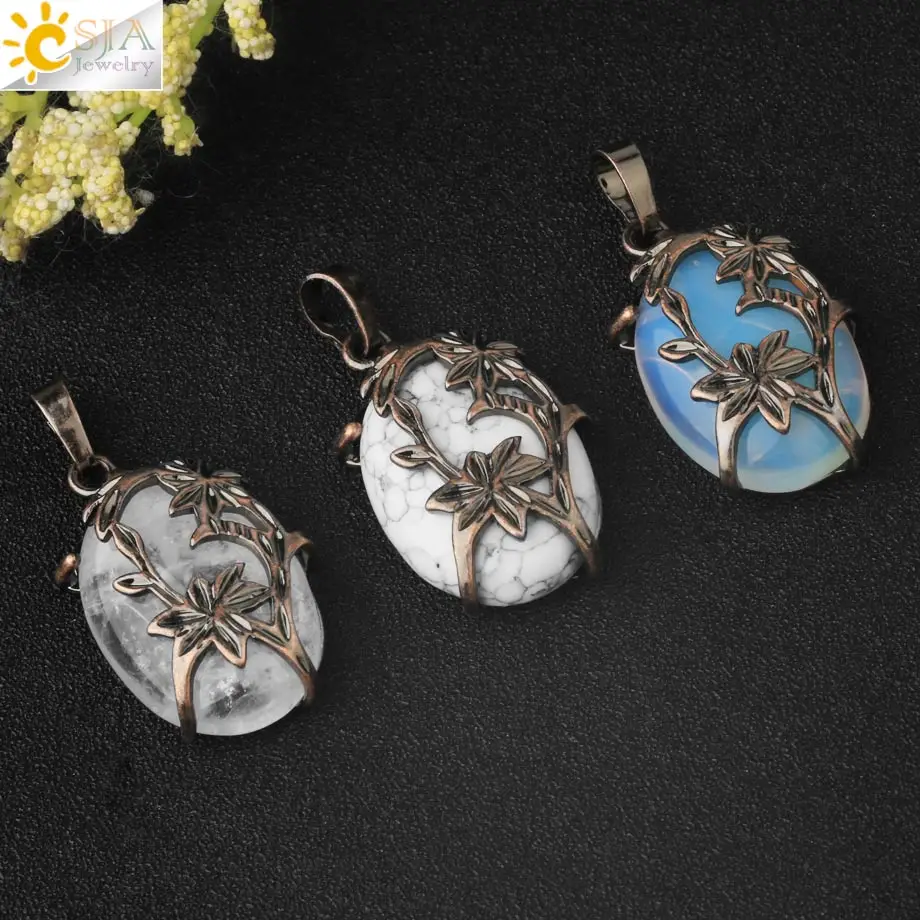 CSJA Vintage Egg Shaped Pendants Natural Crystal Stone Antique Copper Plated Flower Half Moon Pendant DIY Necklaces Jewelry G600