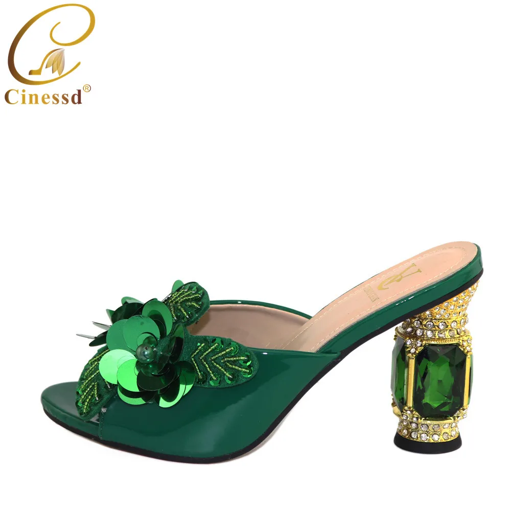 Latest Green Color African Pumps Shoe Summer High Heels Italy Women Wedding Shoes Rhinestone Elegant Women Summer Slipper Shoes