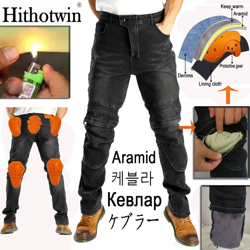 

Windproof Plus Velvet Aramid Motorcycle Casual Men's Motorbike Motocross Road Knee Protective winter wnter warm Moto Jeans pants