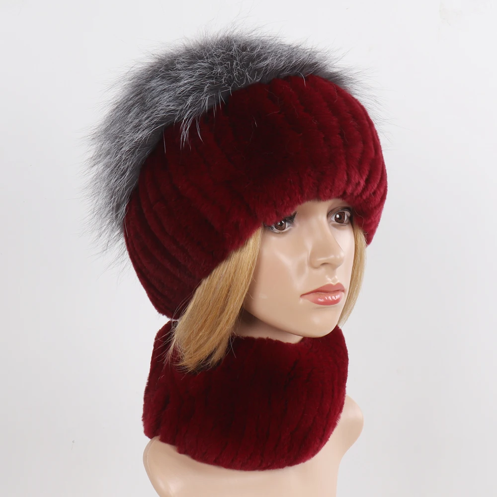 Women's Winter Warm Genuine Fur Hat Scarf Set Real Rex Rabbit Fur Cap with Silver Fox Scarves 2-Piece Natural Fashion Accessory