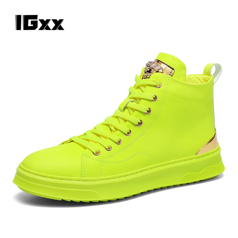 

IGxx high top Shoes For Men Glitter Punk Metal Casual Shoes Men's Flats Genuine Leather Travel Drive Shoes Men Elevator Green