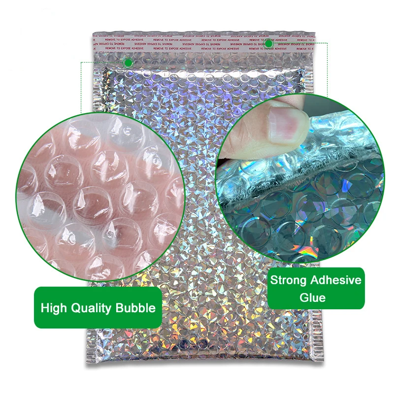 50PCS Holographic Metallic Bubble Mailer Glamour Colorful Silver Shades Foil Cushion Wedding Bags Padded Shipping Envelopes