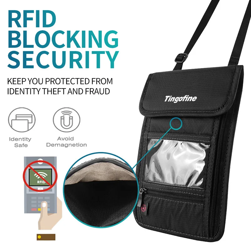 Porta pasaporte con bloqueo RFID para hombre y mujer, billetera con cuello, bolsa de almacenamiento para viaje, seguridad, resistente al agua, tarjeta de identificación de crédito