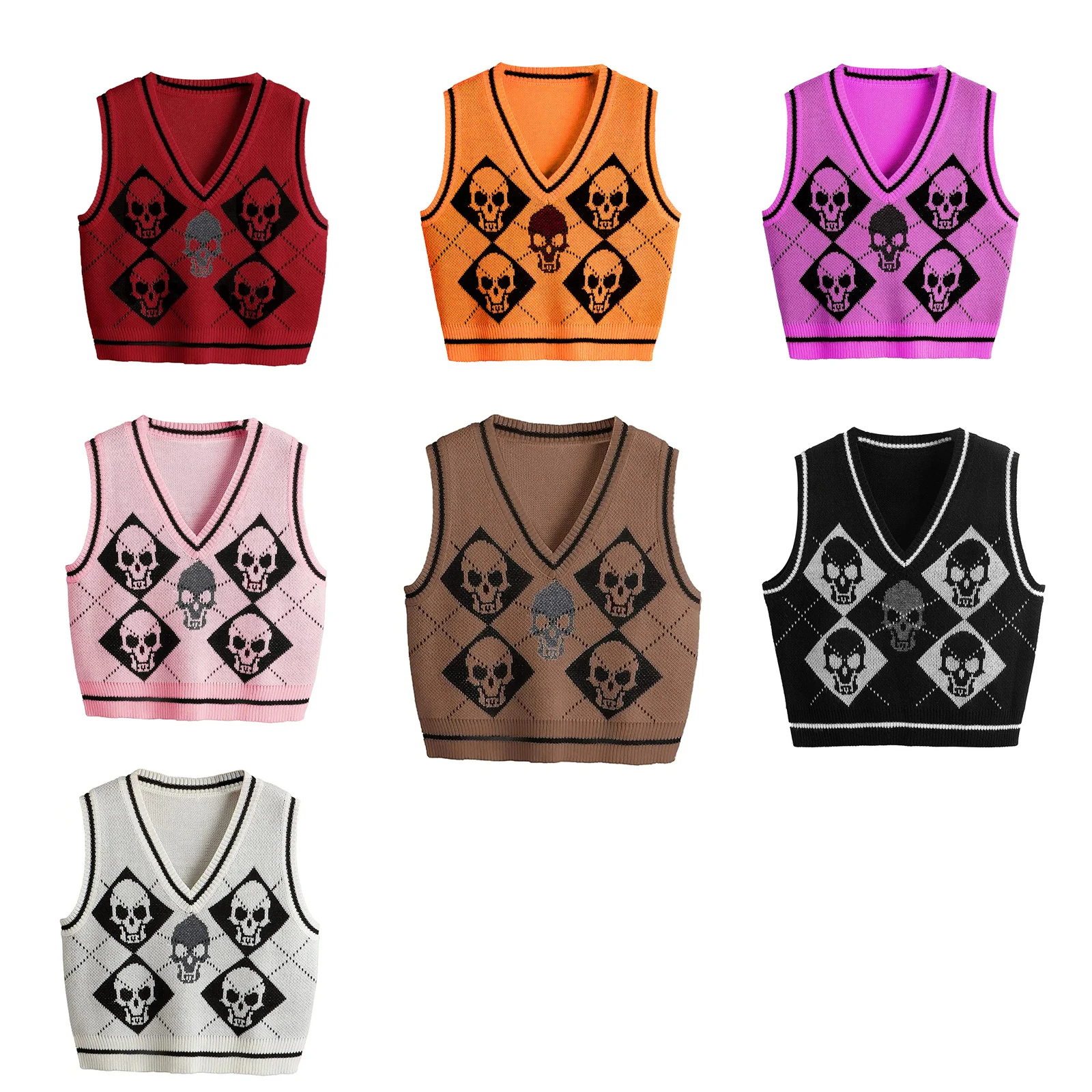 Y2K Gothic Knit Sweater Vest Skull Argyle Print Pattern Knitwear V-neck Pullover Fashion Jumper Top Fairy Grunge Streetwear