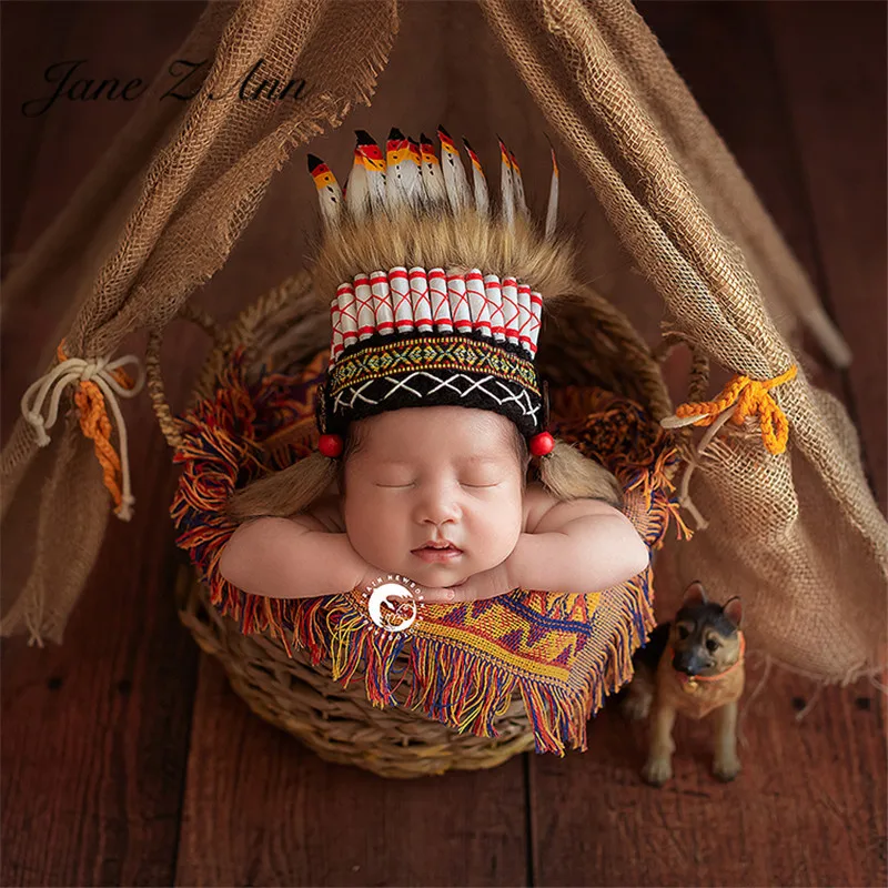 

Jane Z Ann Newborn Indian Photography creative Theme costume feather hat clothes studio shooting accessories