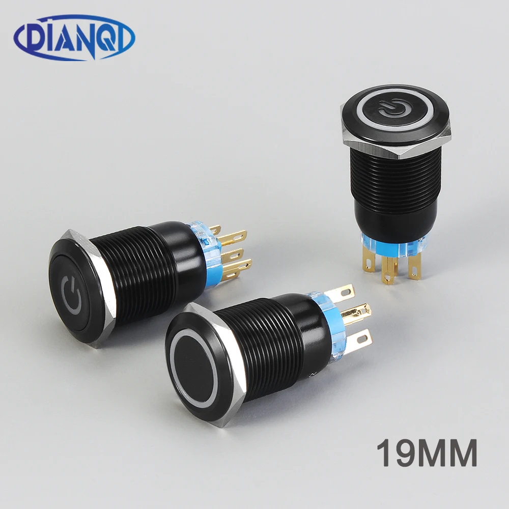 19mm Metal Alumina black press button Push Button mark Switch Led Power indicator lamp flat button momentary self-locking 19BK