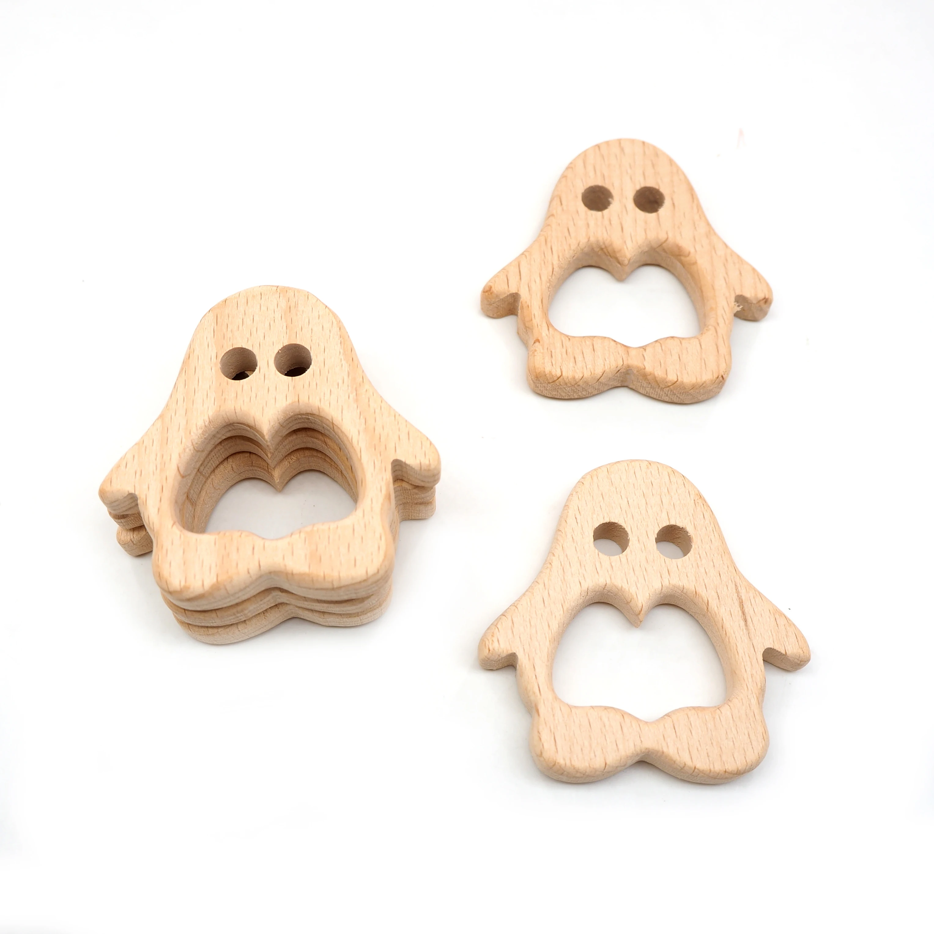 Chenkai 10pcs Wood Penguin Teether Ring DIY Organic Eco-friendly Nature Baby Pacifier Rattle Teething Grasping Animal Toy