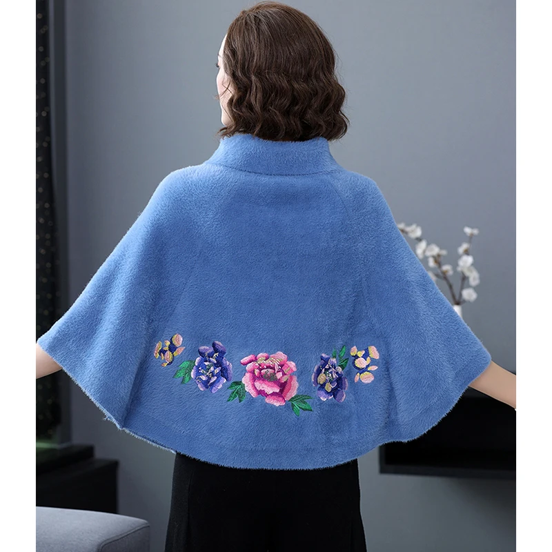 2021 Embroidery Mink Velvet Munti Functional Shawls Coats Wool Feeling Knit Cashmere Scarf Women Short Cloak Capes And Ponchos