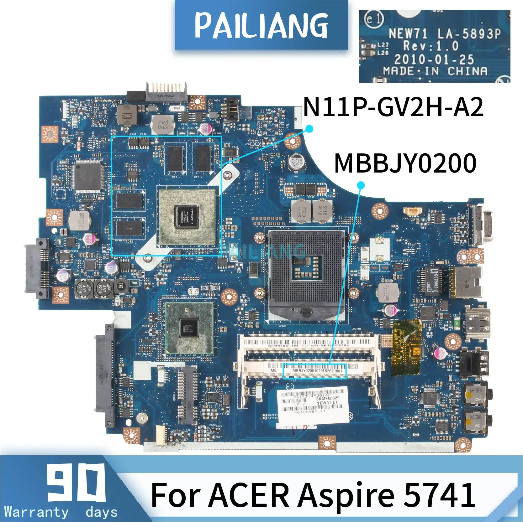 

PAILIANG Laptop motherboard For ACER Aspire 5741 Mainboard MBBJY0200 LA-5893P N11P-GV2H-A2 tesed DDR3