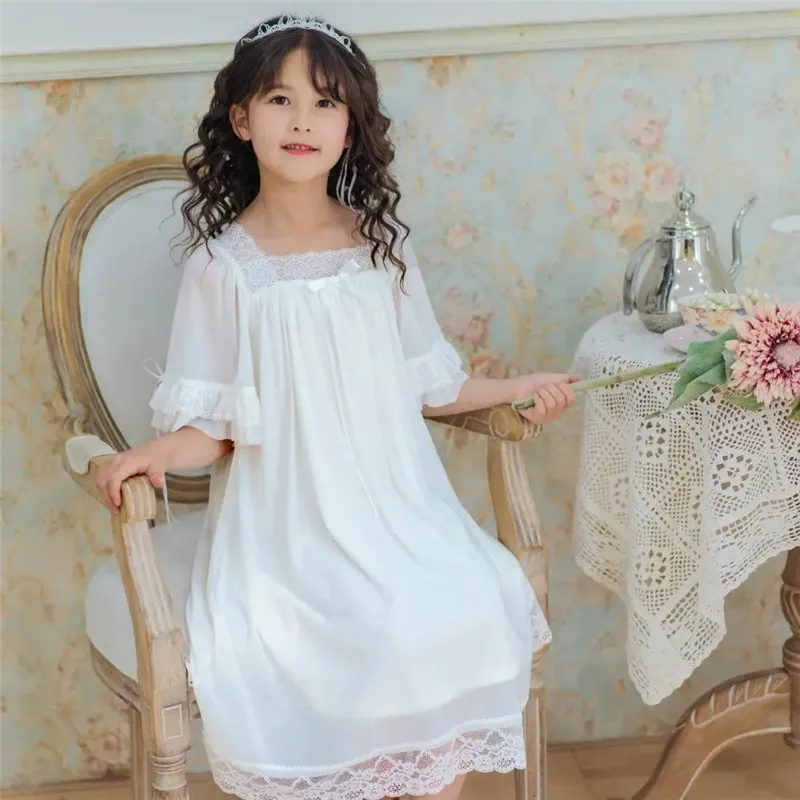 Solid Color Summer Thin Baby Girl Nightdress Short-sleeved Children\'s Nightdress Princess Style Girl\'s Lace Mesh Pajamas