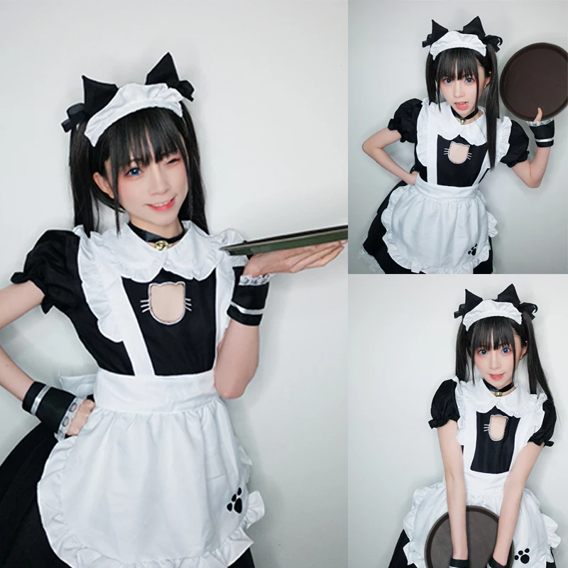 Amine Lolita French Cat Maid Outfit, Cute Gothic Cosplay fur s, Girls Woman Waitress Uniform, Party Stage Costumes, Educational