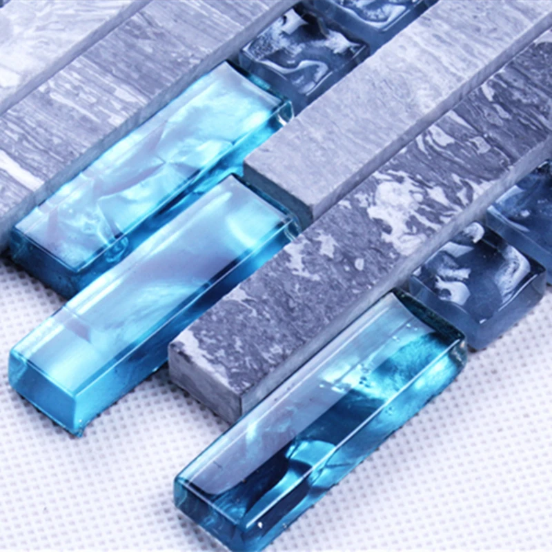 Long Strip Grey Marble Stone Blue Resin mix Crystal Glass Mosaic Tile Kitchen Splashback Bathroom Wall Tile