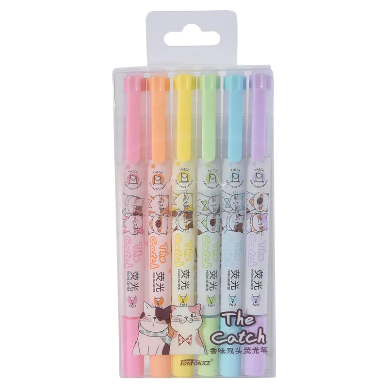 6 pcs/pack Double Head With Aroma Cute Cat Dog Drawing Color Highlighters Promotional Markers Gift Stationery