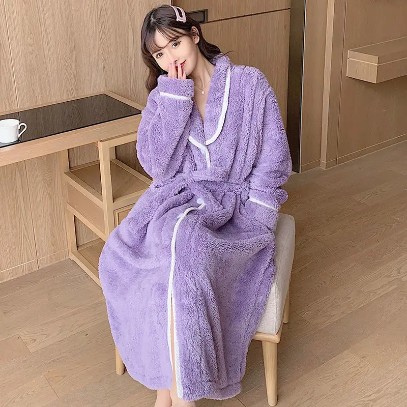 Flannel Robes Women Thick Warm Simple High Quality Bathrobes Female Sashes Sleepwear Patchwork Sweet Kawaii Tender Homewear Ins