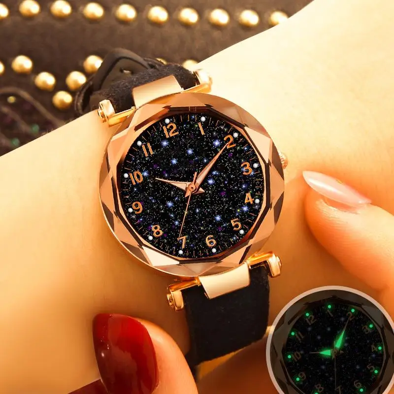 Luxury Women Watch Starry Sky Clock Dress Wristwatch Leather Strap Quartz Watches Female Ladie Watch Orologio Donna Numeri