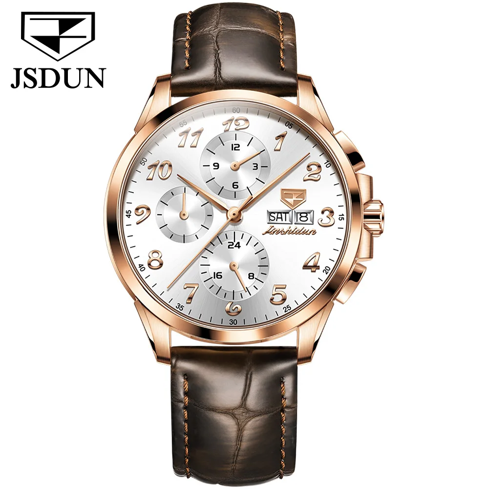 JSDUN 8914 Mechanical Watch Men Automatic Leather Watch 50 meters Waterproof Business Wristwatch dual calendar Butterfly buckle