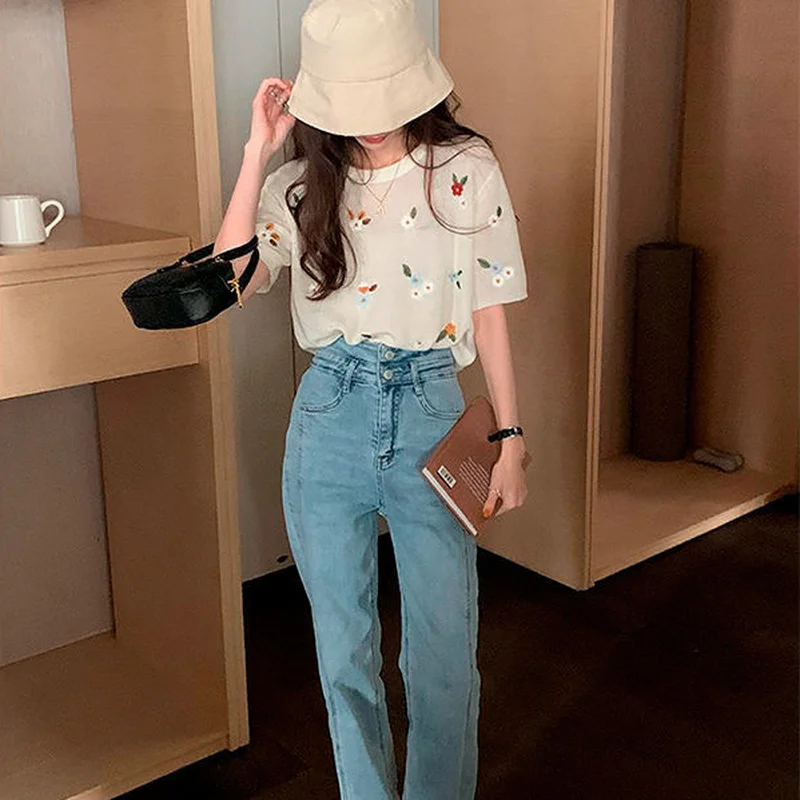 T-shirts Women Vintage Summer Casual Simple Comfortable Ulzzang Feminine Students High Street Chic O-neck Floral Mujer Camisetas