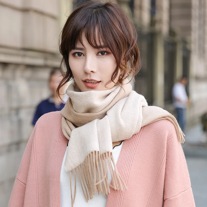 100% Pure Wool Scarf Winter Women Solid Echarpe Wraps for Ladies Pashmina with Tassel Warm Merino Wool Scarves Cashmere