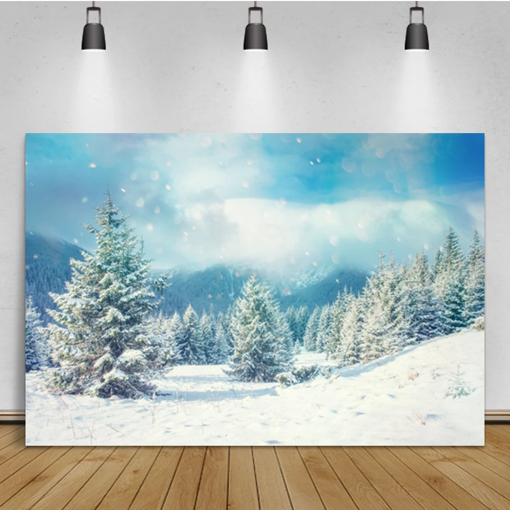 Dreamy ฤดูหนาว Photophone ป่าต้นสนหิมะภูเขาภายในบ้าน Decro การถ่ายภาพฉากหลังภาพพื้นหลัง Photozone