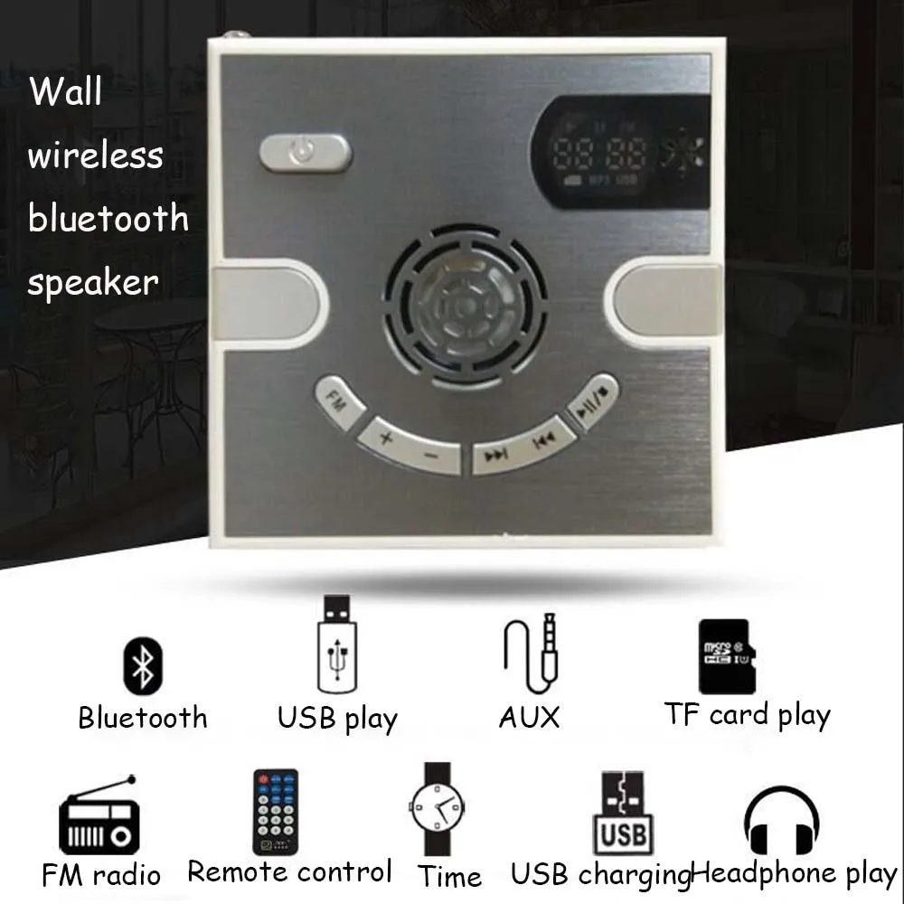 JINSERTA 220V Wall Wireless Bluetooth Speaker Music Player with Time Display Mini FM Radio Support TF Card U Disk 3.5mm Jack