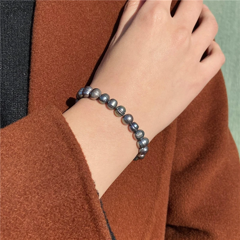 7-8 Freshwater Baroque Black Pearl Bracelet Genuine Natural Pearls Beaded Bangles Elastic Chain for Women Men Fine Jewelry Gift