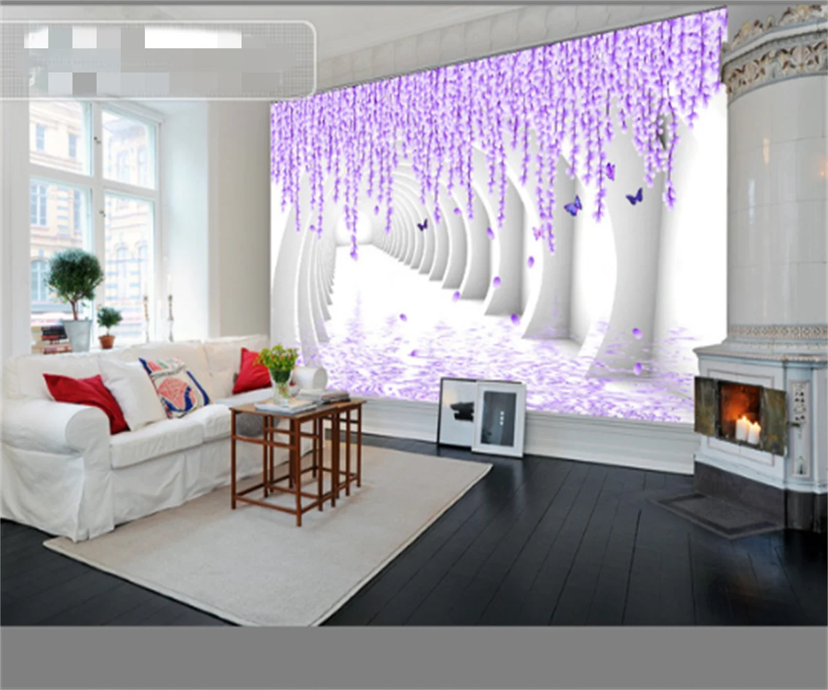 European style 3D purple flower reflection TV background wallpaper home decoration custom wall covering mural wallpaper