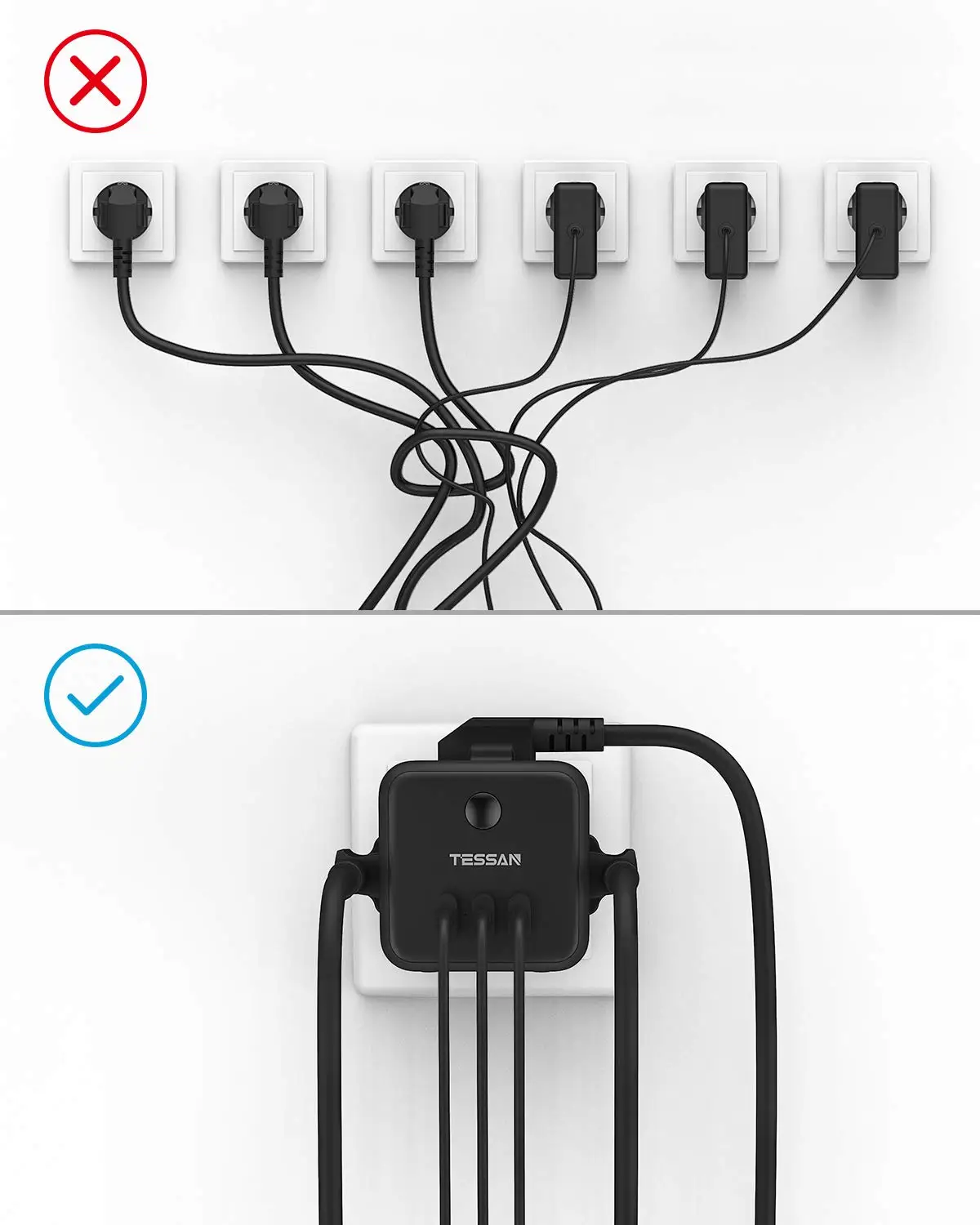 TESSAN Black Cube Socket Power Strip with Switch 3 EU Outlets 3 USB Charging Ports Europe Wall Socket Extender Adapter for Home