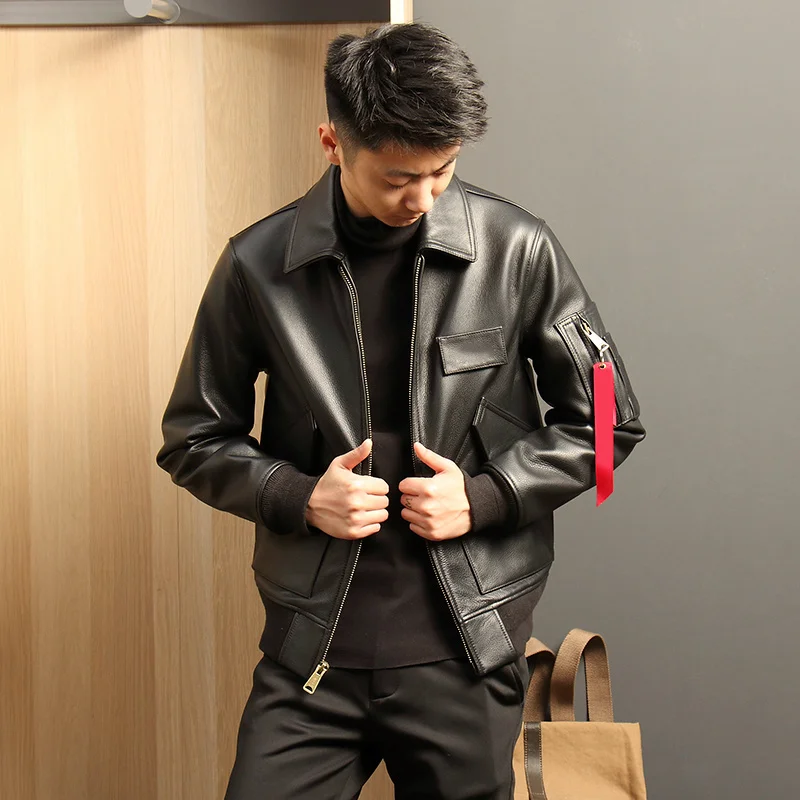 Mens Classic 2022 Autumn New Genuine Leather Bomber Jacket Male Turn-Down Collar Zippers Straight Casual Black Outerwear