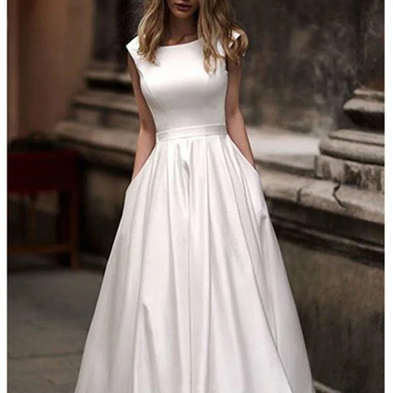 Neue Hochzeit Kleider Mit Satin Weiß Elfenbein V Zurück Scoop Neck Sleeveless Brautkleider A-Line Bodenlangen Custom Hochzeit Kleid