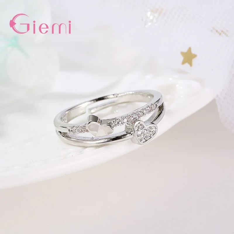 New Creative Two Hearts Zircon 925 Silver Needle Temperament Rings For Women Anel Jewelry Anillos Christmas Jewellery Gifts