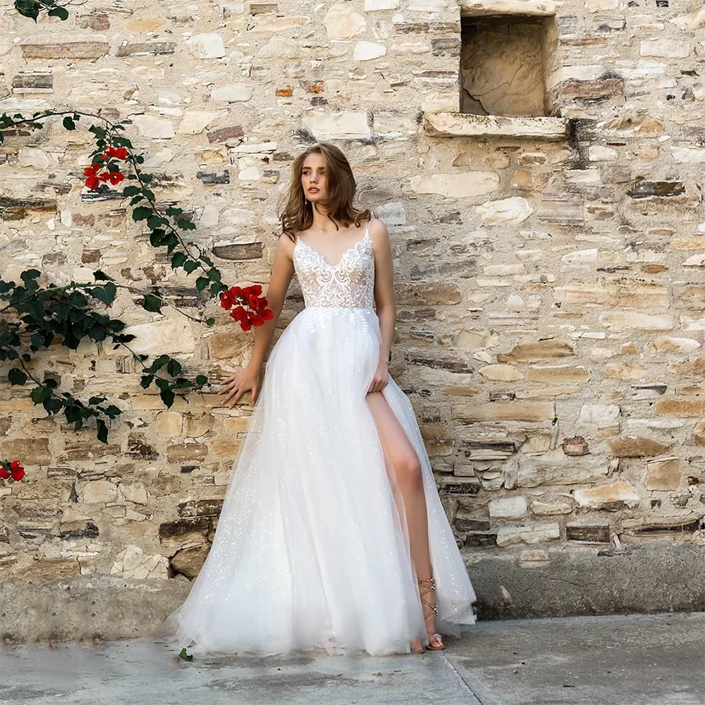 Sparkly Tüll Hochzeit Kleider Spaghetti-trägern Hohe Slit Brautkleider Backless Luxus Perlen Quasten Big Größe Fotografie Spitze