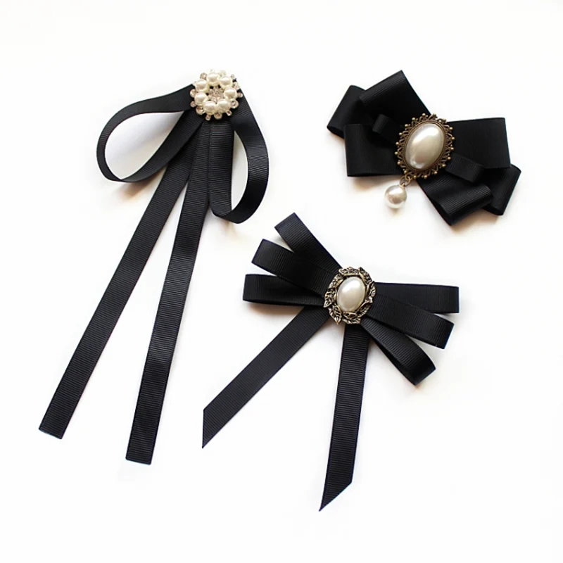 Handmade Lace Ribbon Pearl Black Bow Tie Brooches for Women Unisex Shirt Bowtie Collar Pin Ladies Suit Clothing Accessories