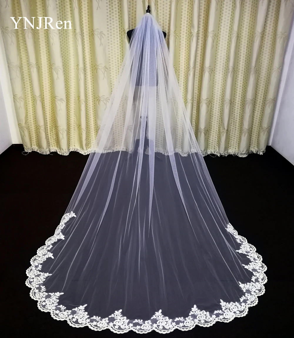 Long Lace Edge Bridal Veil com pente, Catedral Acessórios do casamento, Véu da noiva, 3 m