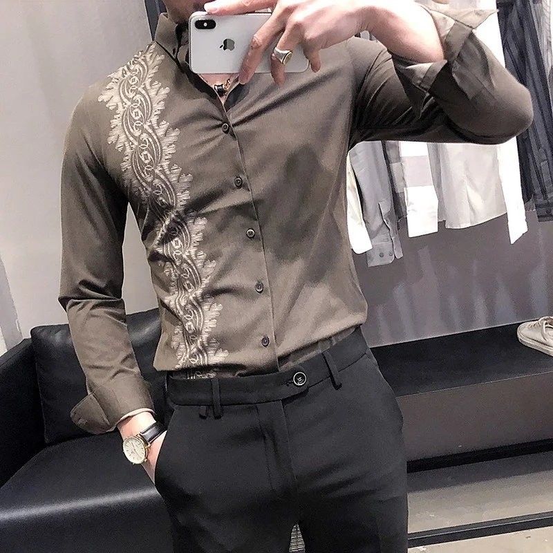 Spring Fashion Autumn New Men Long-Sleeve Slim Fit Korean Style Print Shirt Males Lapel Single-Breasted Business Casual Tops