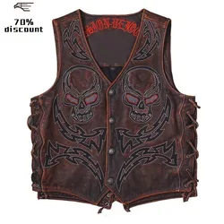 2020 Vintage Red Brown Men Biker's Leather Jacket Single Breasted Size XXL Genuine Cowhide Spring Slim Fit Short Motorcycle Vest