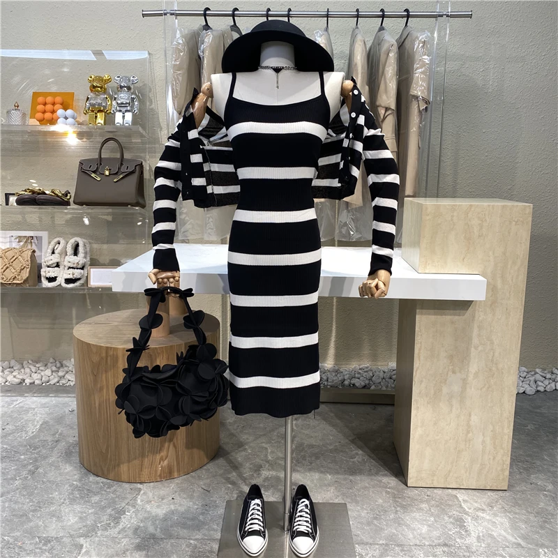 2021 Black And White Stripe Single Breasted Long Sleeve Casual Knitting Cardigan+slim Suspender Dress (sold Separately)