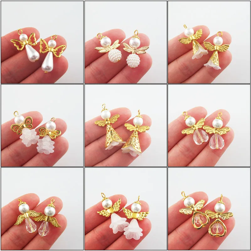 New Dancing Angel Charms White Heart Teardrop Flower Horn Acrylic Gold Color Wings Pendants