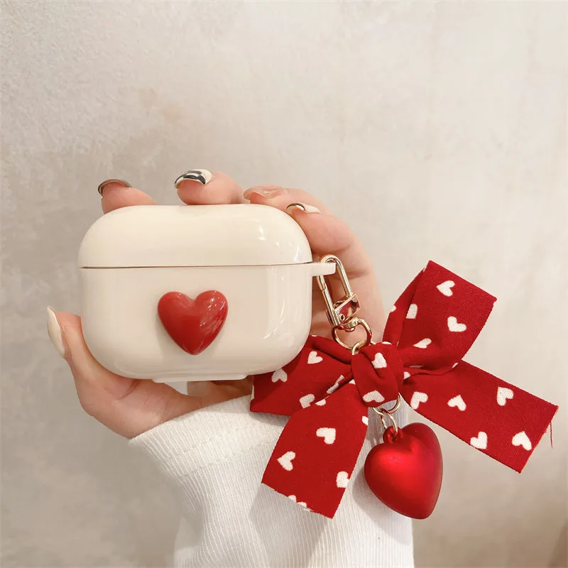 خمر الأحمر الحب القلب المفاتيح ل أبل airpods 3 برو 2 غطاء لطيف القوس البيج سماعات حالات ل airpods 4 سماعة صندوق