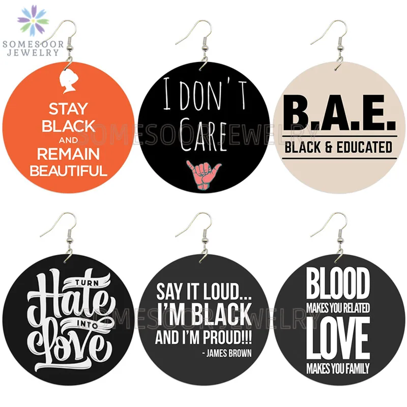 SOMESOOR Stay Black Blood Love African Wooden Drop Earrings Proud Sayings Remain Beautiful AFRO Dangle Jewelry For Women Gifts