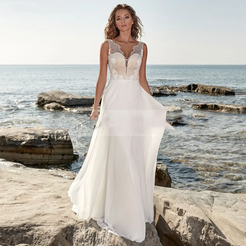 Beach Chiffon  Wedding Dress  2021  Sleeveless V-Neck Lace Appliques Sweep Train Summer Bridal Gown Vestidos De Novia Customize