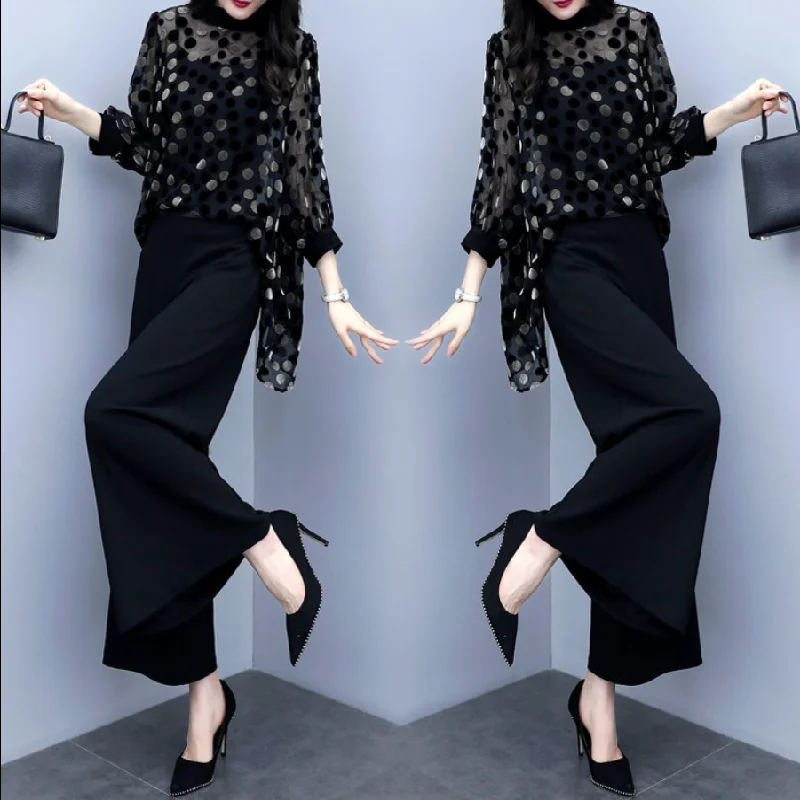 Spring And Summer 2023 New Large Loose Polka Dot Top Two-Piece Fashion Wide Leg Pants Suit Women's Suit