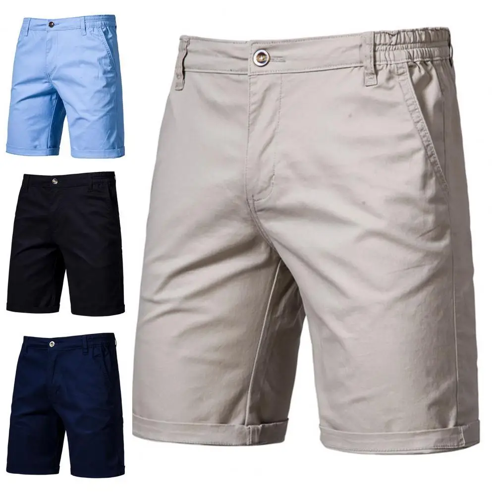 60% Dropshipping!!Summer Casual Men Shorts Solid Color All-match Elastic Waist Mid Waist Straight Business Shorts Pants