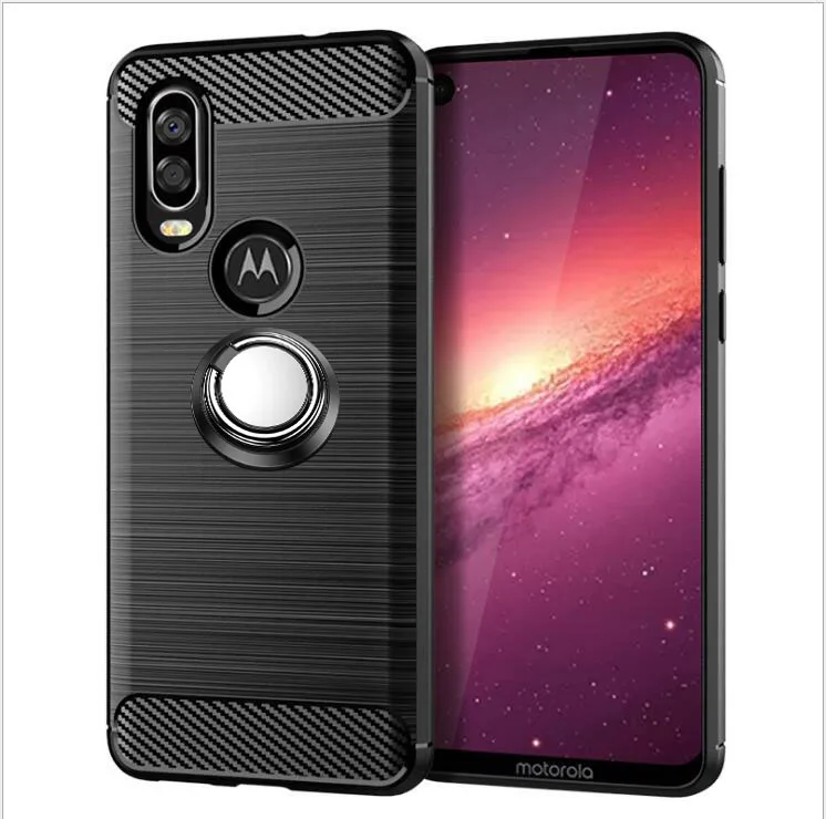 Luxury Brushed Carbon Fiber Phone Case For Motorola One Vision XT1970-1 MOTO XT 1970 P50 Magnetic Ring Holder Cover Case