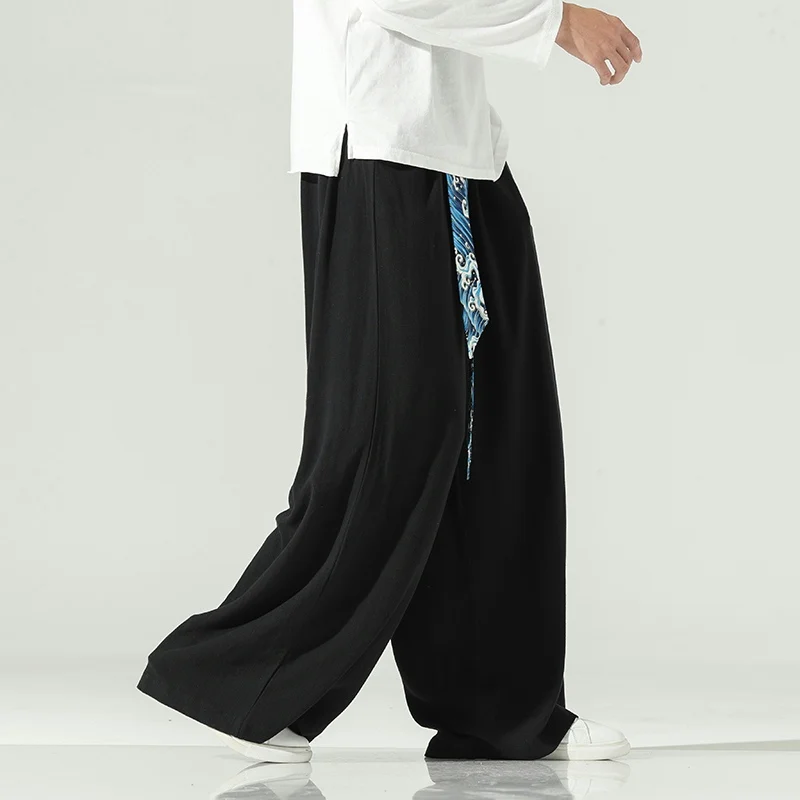 Men Wide Leg Pants Mens Linen Joggers Retro Loose Trousers Man Chinese Style Black Pants Male Big Crotch Nepal Robe Pants