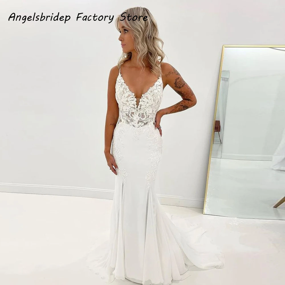 

Angelsbridep Spaghetti Straps Tulle Wedding Dresses Lace Appliques V-Neck Sexy Mermaid Boho Bride Gown 2022 Vestidos De Novia