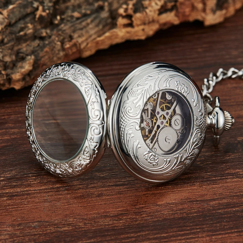 Steampunk Automatic Mechanical Skeleton Pocket Watches Men Women Sliver Luxury Brand Hand Wind Necklace Pocket & Fob Chain